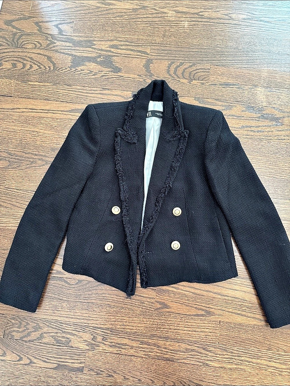 Zara Black Tweed Double-Breasted Blazer with Gold Buttons